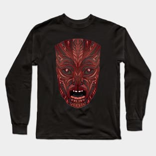 Red Tiki face mask line drawing Long Sleeve T-Shirt